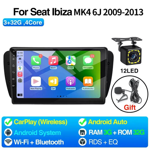 Rádio do carro de android para seat ibiza mk4 6j 2008-2015 reprodutor multimídia carplay android auto gps bluetooth wifi unidade principal do carro 9 polegadas