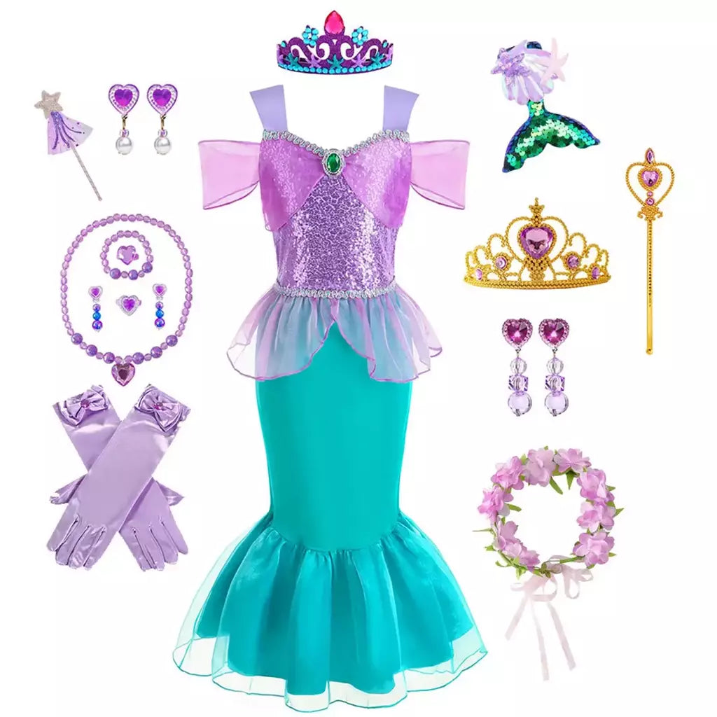 Meninas roxo-azul sereia ariel cosplay vestido de halloween vestido de festa de aniversário meninas praia vestido de férias