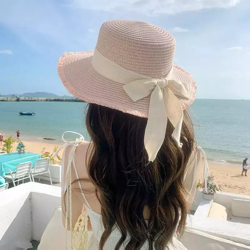 Chapéu de palha com laço feminino, aba larga, top macio, proteção solar, acessórios de praia, verão