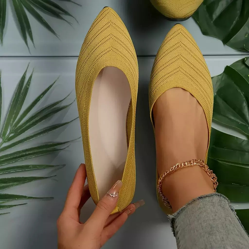 Sapatos baixos de dedo apontado para mulheres, Cor sólida, Sapatos de malha, Mocassins casuais, Sapatilhas respiráveis