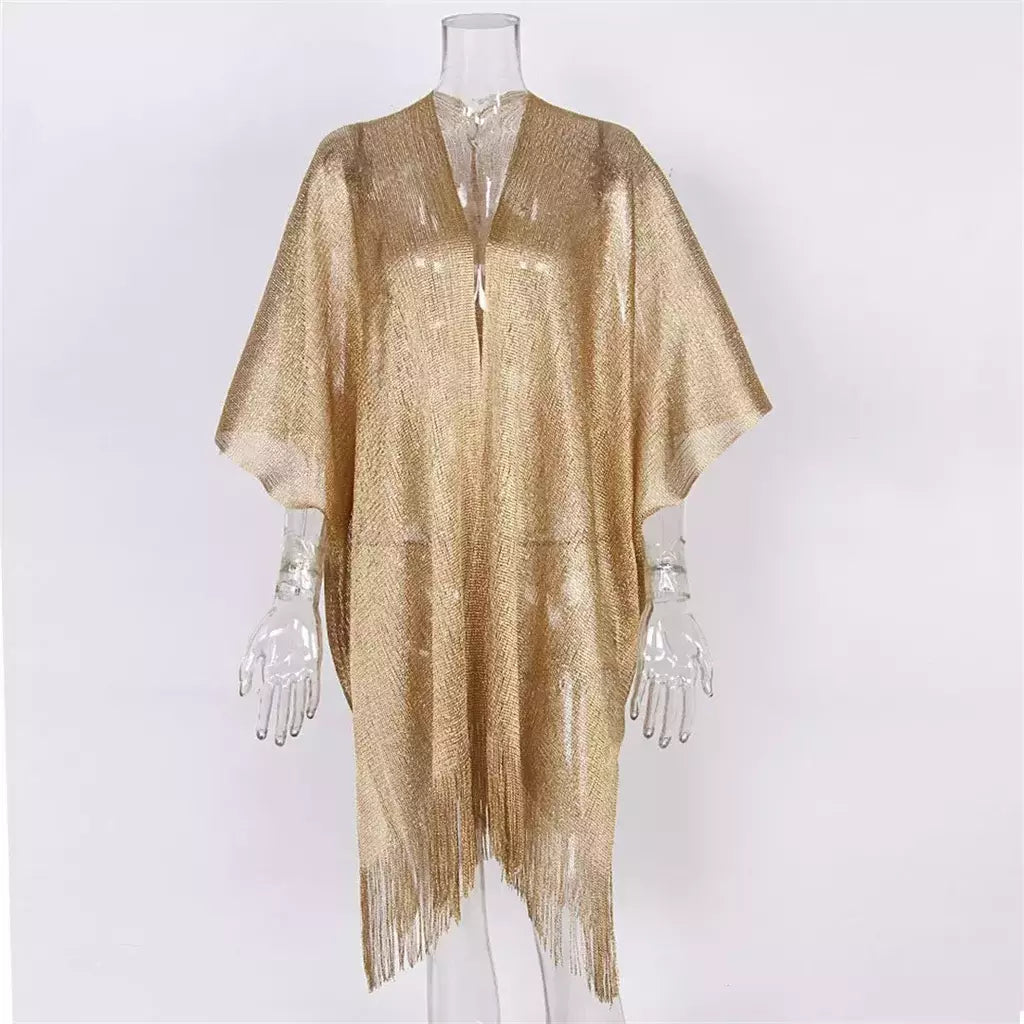 Moda borla ouro bikini cobrir sexy vestido de praia túnicas para mulheres beachwear verão cover-ups kaftan vestido de noite xales