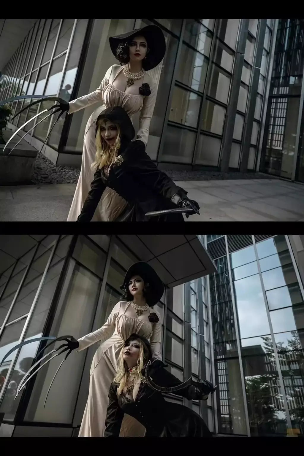 Em estoque traça senhora mal cosplay fantasia aldeia vampiro senhora dimitrescu traje feminino vestido preto halloween carnaval festa terno