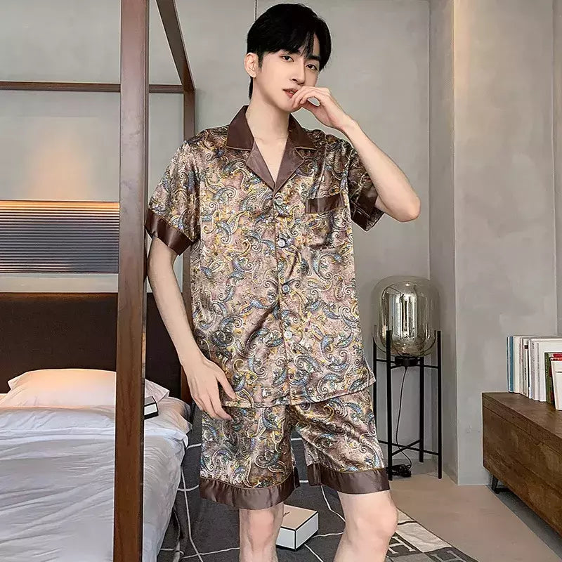 Conjuntos de pijama masculino de cetim de seda manga comprida, pijamas masculinos, camisola estampada, Casa, Soft Cozy Sleepwear Calças, Novo