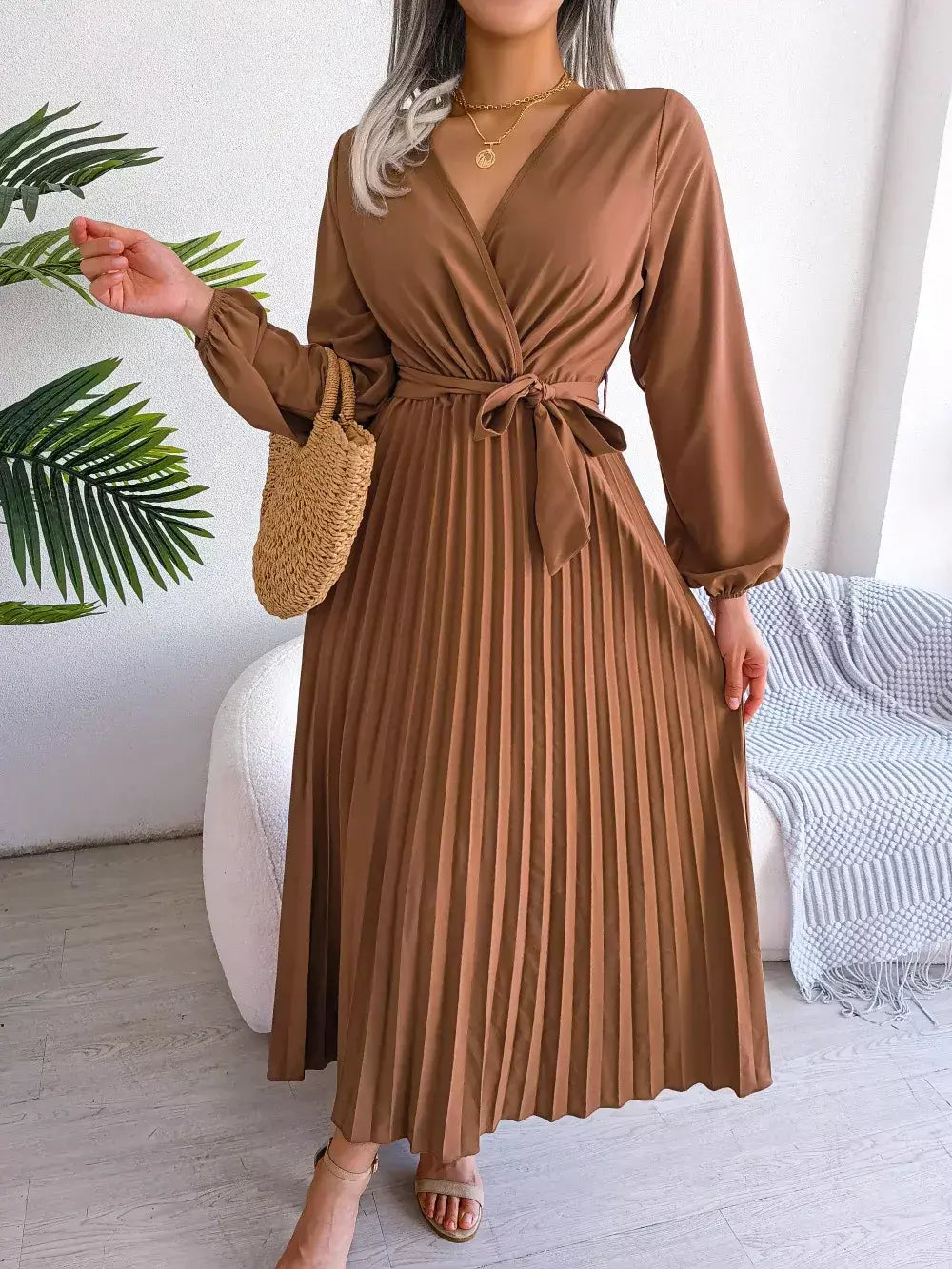 Elegante V Neck manga comprida das mulheres plissado vestido Maxi
