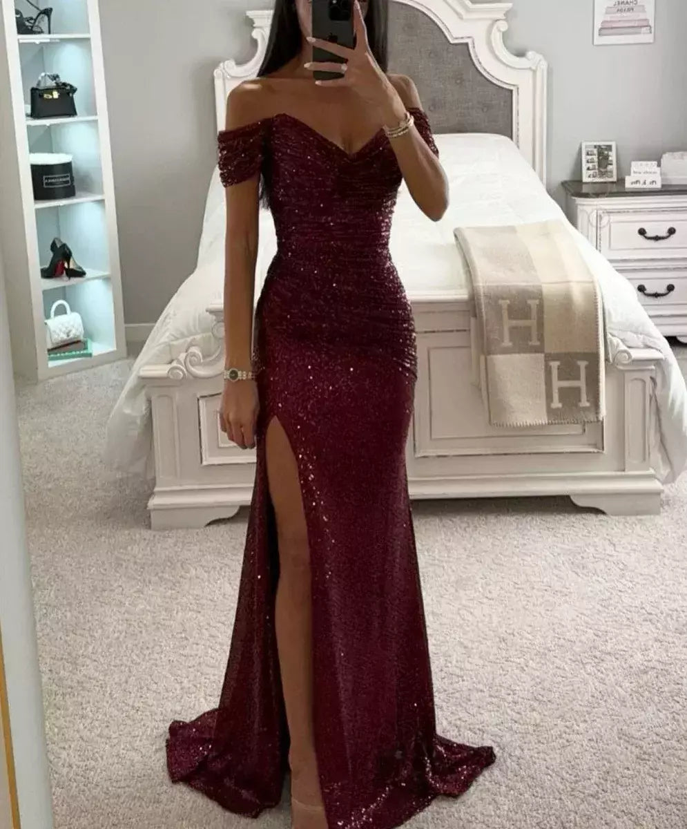 Vestido Dividido de Pescoço Uma Linha Feminino, Lantejoulas, Dividido, Versátil, Elegante, Charme, Emagrecedor, Festa, INS, Emagrecimento, S-XL Size, Novo