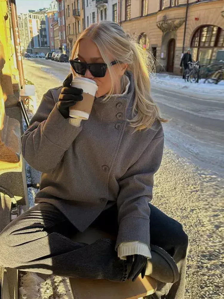 Gola feminina casacos de lã de inverno 2024 nova moda único breasted feminino manga longa jaquetas senhora do escritório rua casaco curto