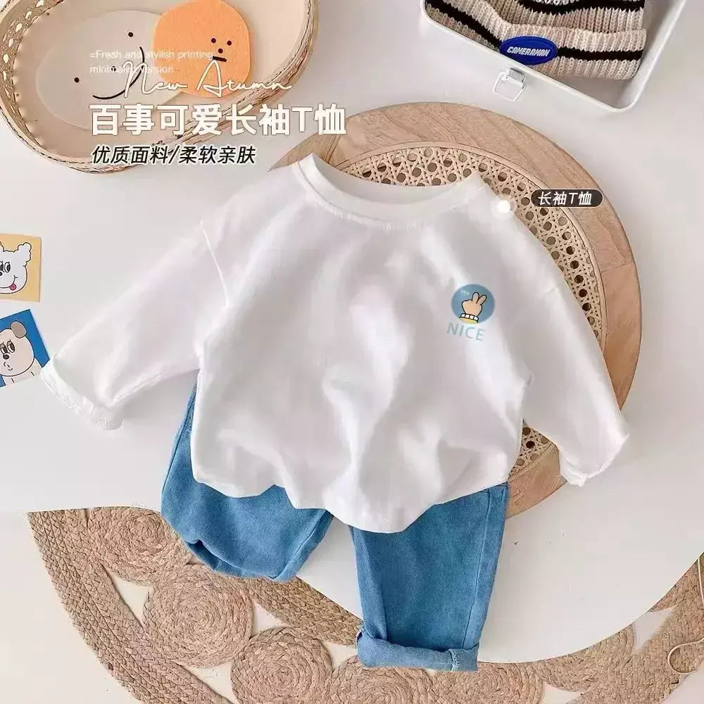 Camiseta infantil de manga comprida, algodão puro, camisa base, desenho animado estampado, primavera e outono, bebê, meninos e meninas