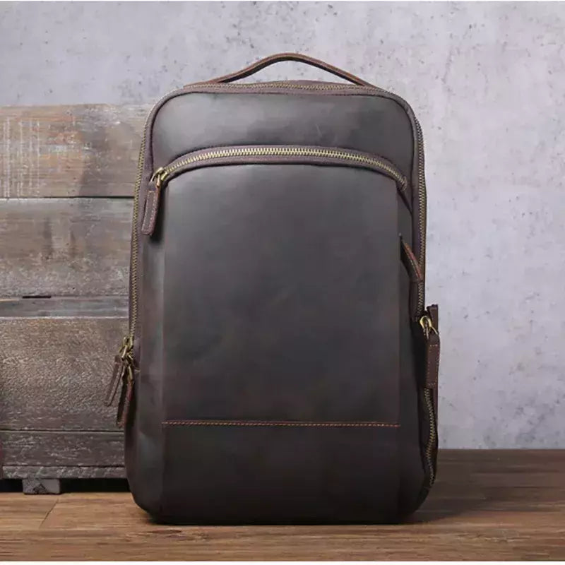 Mochila de couro genuíno para homens, cavalo louco vintage mochila para laptop grande mochila diária mochila de viagem mochila para caminhadas