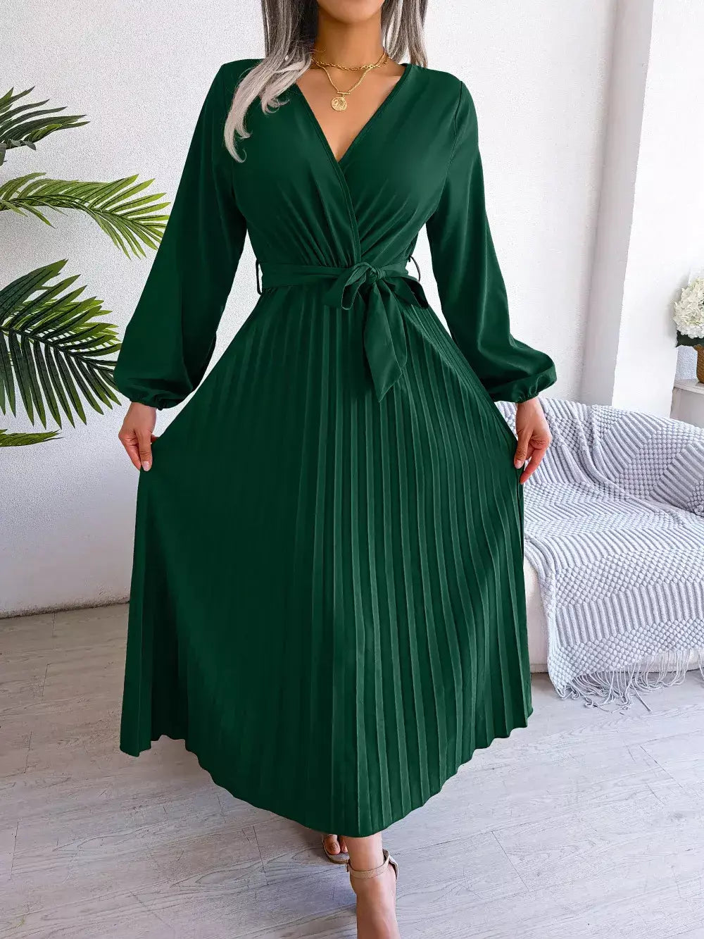Elegante V Neck manga comprida das mulheres plissado vestido Maxi