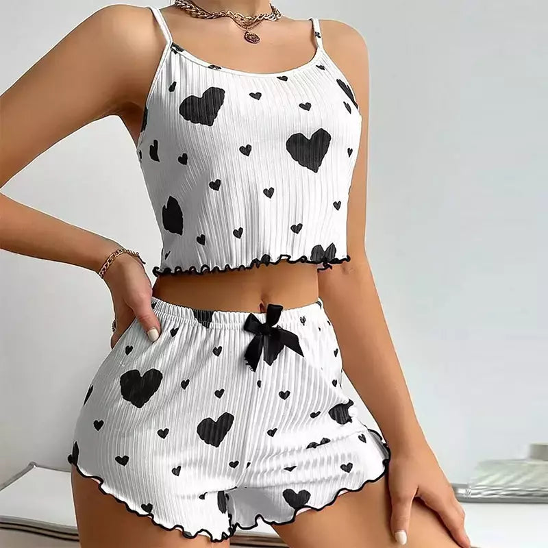 Ice Silk Suspender Pijama Conjunto com decoração em forma de coração impresso para senhoras, verão 2 peças
