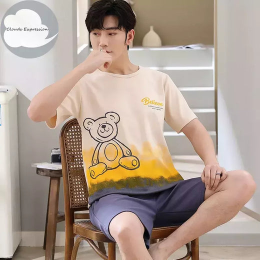 Desenhos animados pato impressão pijama conjuntos para jovens amantes, pijamas de algodão, ternos curtos para casais, moda homewear, verão, 4XL