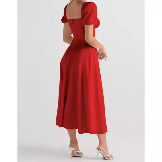 Vestido de renda feminino simples dividido, elegante manga folhada, vestido A, roupas femininas, pendulares, temperamento, nova moda