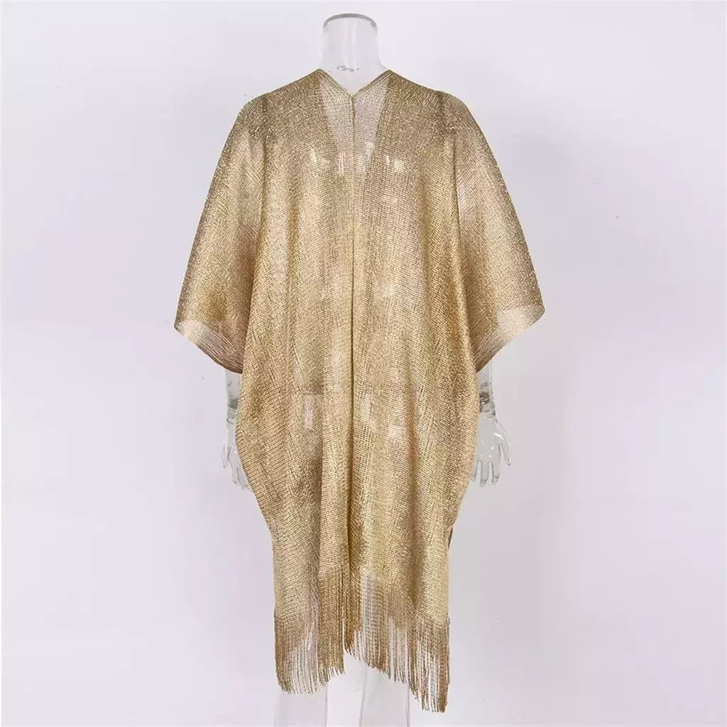 Moda borla ouro bikini cobrir sexy vestido de praia túnicas para mulheres beachwear verão cover-ups kaftan vestido de noite xales