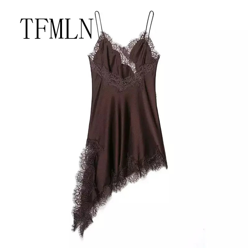 Tfmln feminino sexy rendas emenda vestidos de verão sólido sem mangas assimetria vestido sem costas magro festa feminina estilingue mini vestido