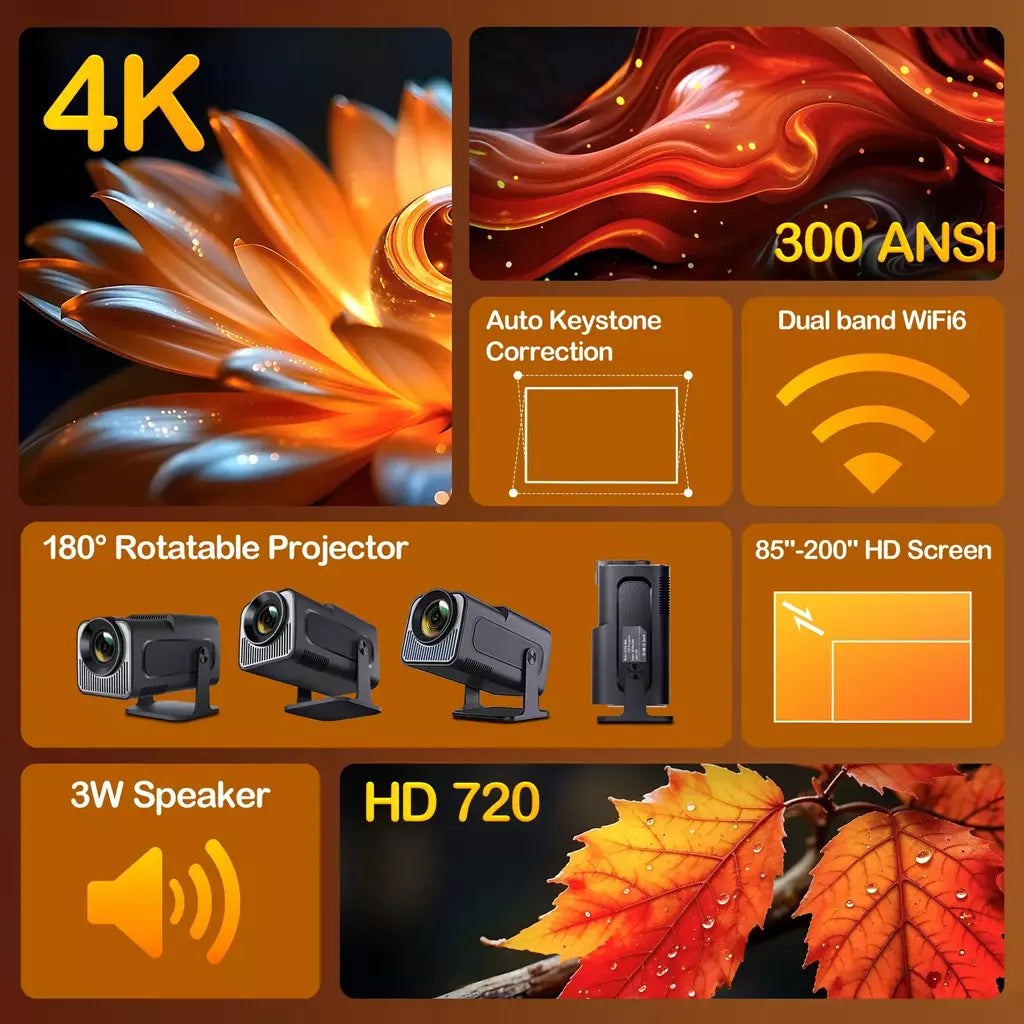 Woopker HY320 Mini Projetor Android 11 4K 720P 300ANSI Wifi6 BT5.0 Foco ultracurto 180 ° Projetor giratório para cinema em casa