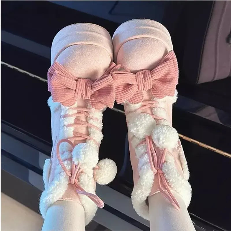 Doce inverno meninas lolita meados de bezerro botas de neve, bonito estudantes do sexo feminino pelúcia quente bowknots rendas até sapatos de salto cunha aumentando