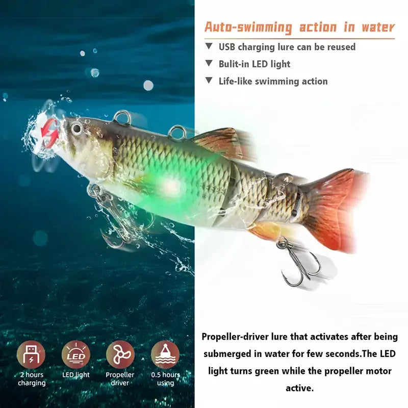 Isca de pesca robótica elétrica automática, isca multiarticulada automática de 4 segmentos, recarregável por usb, acessórios de pesca wobbler