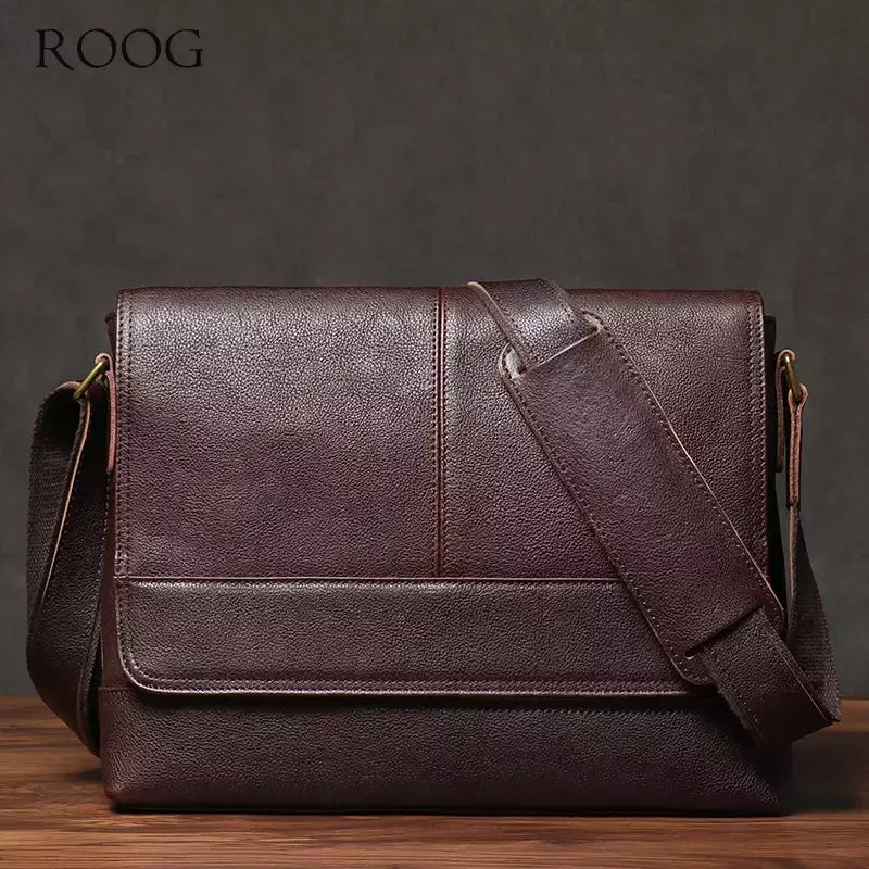 ROOG-Saco de estilingue de ombro em couro genuíno, pasta masculina, crossbody luxo vintage, couro casual, bolsa mensageiro para iPad, 12,9 polegadas