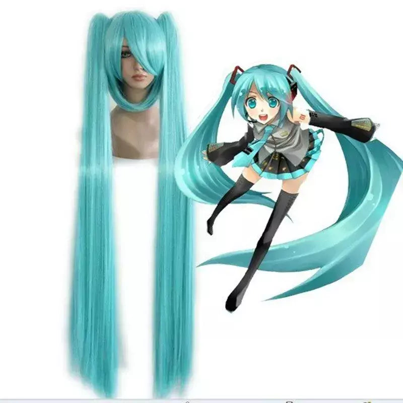 Hairjoy cabelo sintético longo reto verde peruca cosplay com 2 clipes em rabos de cavalo vocaloid hatsune miku traje peruca
