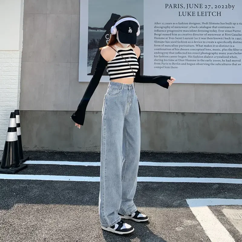 Calça jeans branca de perna larga feminina, com pernas retas, calça casual na moda, ajuste solto, emagrecedor, elegante, nova, 2024