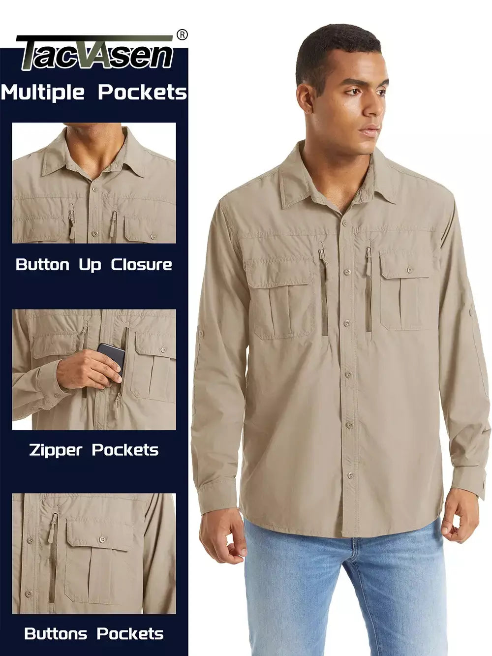 Tacvasen-camisa cargo de manga comprida masculina, malha respirável, multi-bolsos, secagem rápida, para o trabalho, caminhadas, pesca, verão