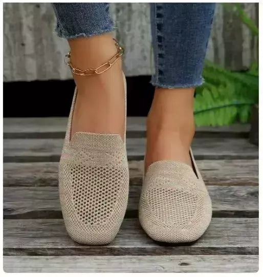 Cor sólida dedo do pé quadrado malha mocassins rasos mulheres apartamentos sapatos de fundo macio malha ballet apartamentos sapatos casuais deslizamento em sapatos de barco