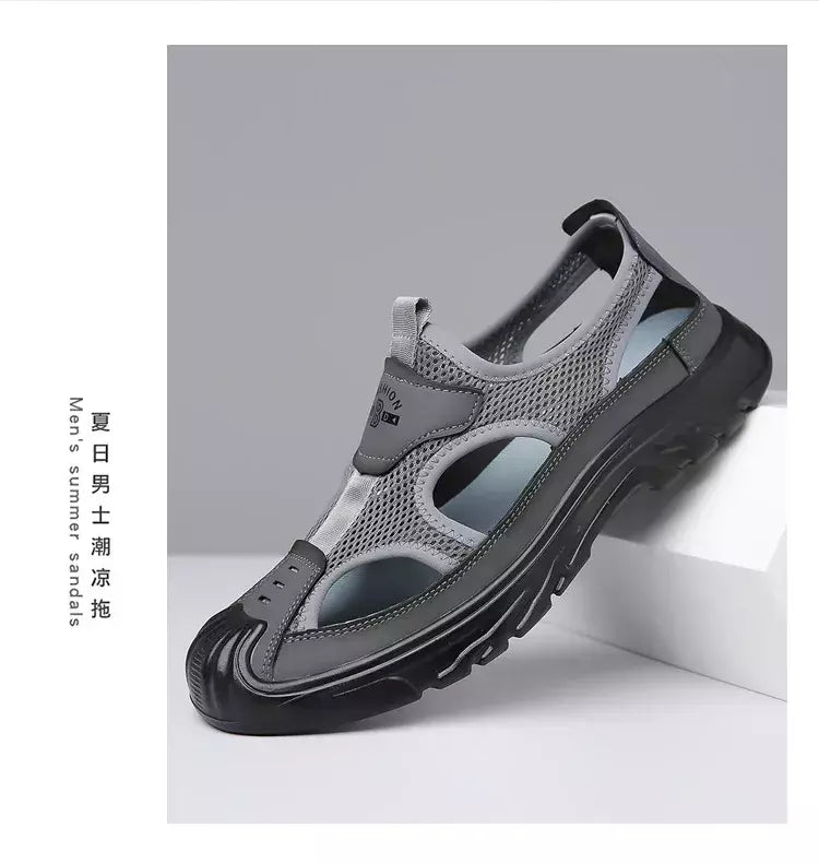 Sandálias de malha respirável para homens, sandálias de praia antiderrapantes, sapatos ocos ao ar livre, calçados flats, verão, novo