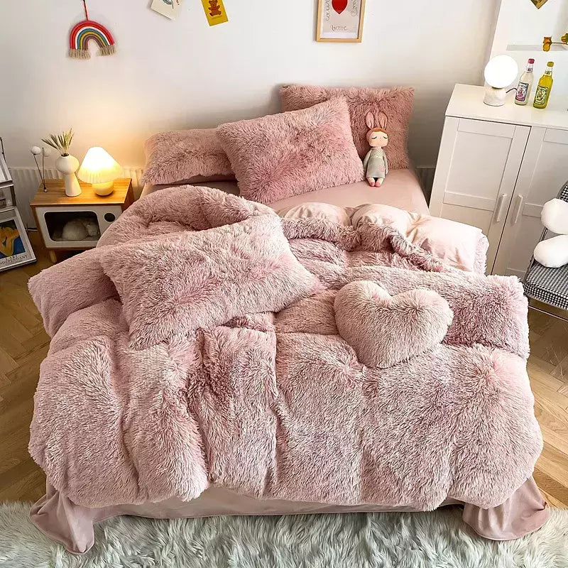 Conjunto de cama luxuoso preto macio, capa de edredão Shaggy, 2 fronhas, zíper, veludo macio, 3pcs