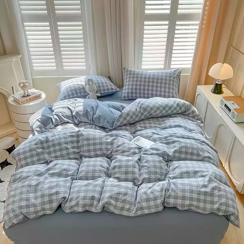 Conjunto de edredão reticulado com lençol e fronhas, roupa de cama quente, grade, completa, queen size, sem enchimento, novo, 2022, duplo