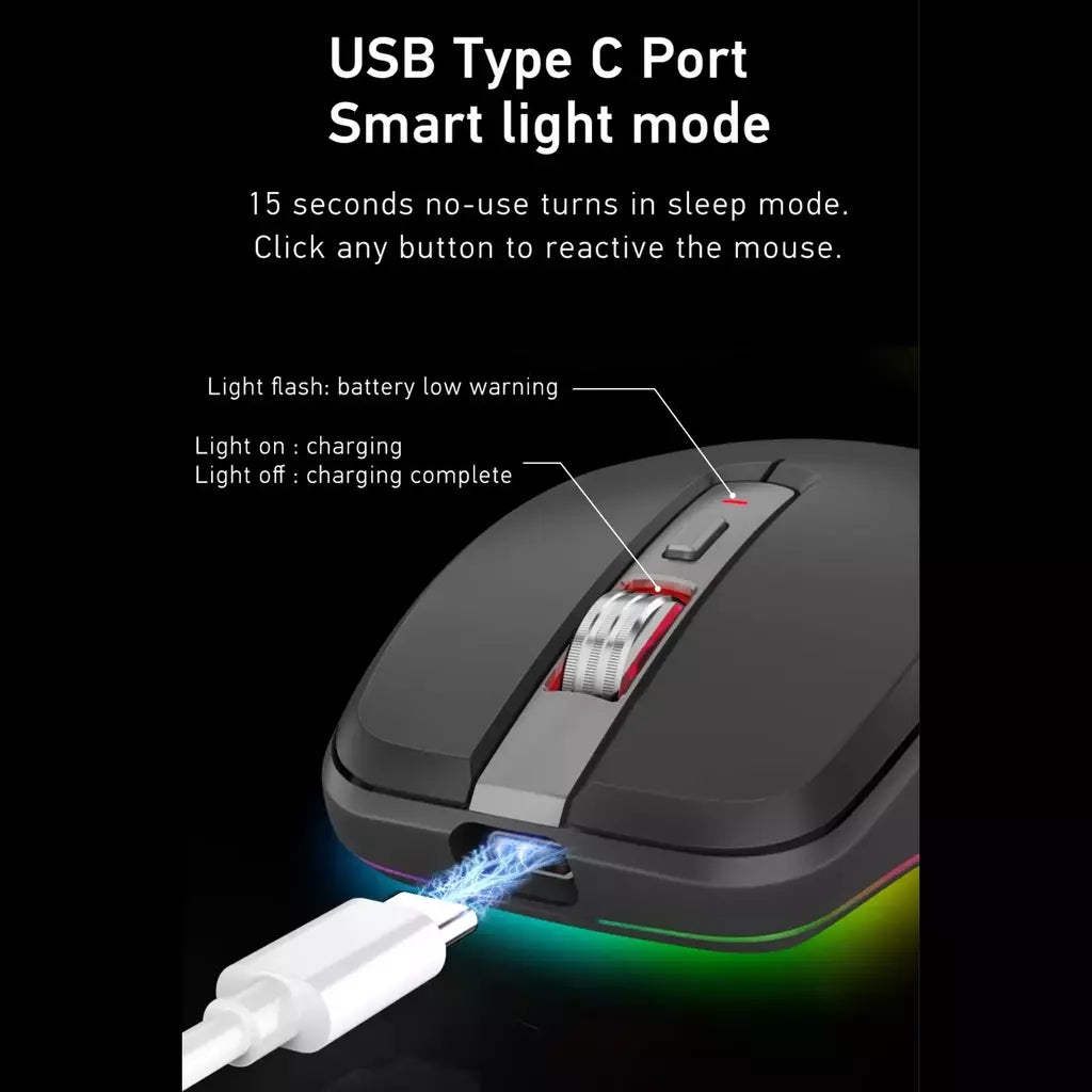 Mouse sem fio de modo duplo USB2.4G + BT5.1 Tipo-C Mouse para jogos recarregável Design ergonômico 2400 DPI com mouse de luz RGB