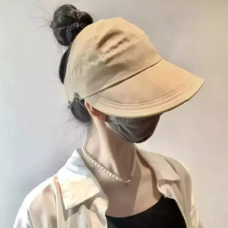 Chapéu de aba larga dobrável para mulheres, chapéu de balde de praia, viseiras UV, bonés de pescador e rabo de cavalo ajustáveis, verão