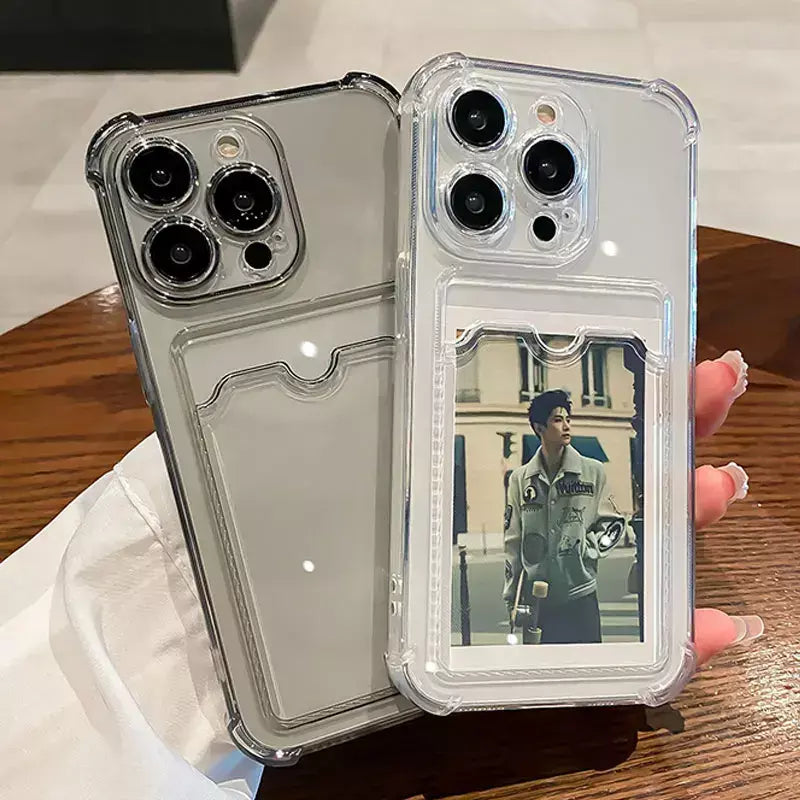 Bolsa de slot para cartão transparente para iPhone, carteira clara, à prova de choque, capa macia, iPhone 16, 15, 14, 13, 12, 11 Pro Max, Mini, X, XR, 7, 8 Mais