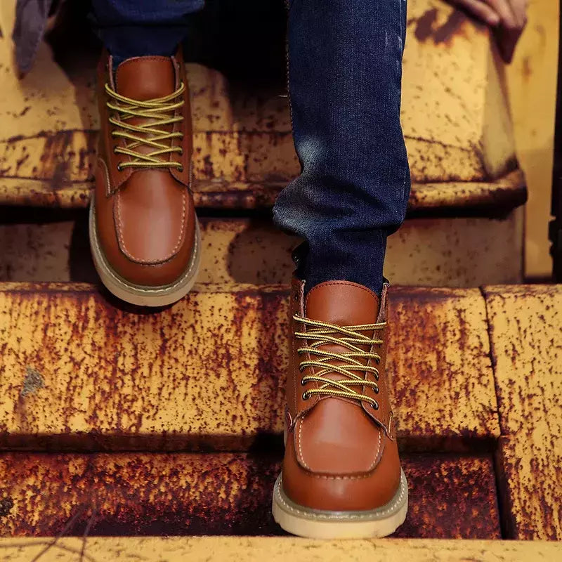Botas de couro retrô masculina, bota alta de paraquedista, sapato curto de trabalho, estilo britânico, americano, primavera e outono