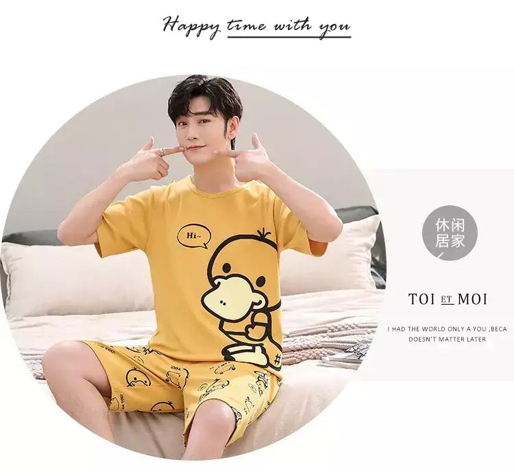 Desenhos animados pato impressão pijama conjuntos para jovens amantes, pijamas de algodão, ternos curtos para casais, moda homewear, verão, 4XL