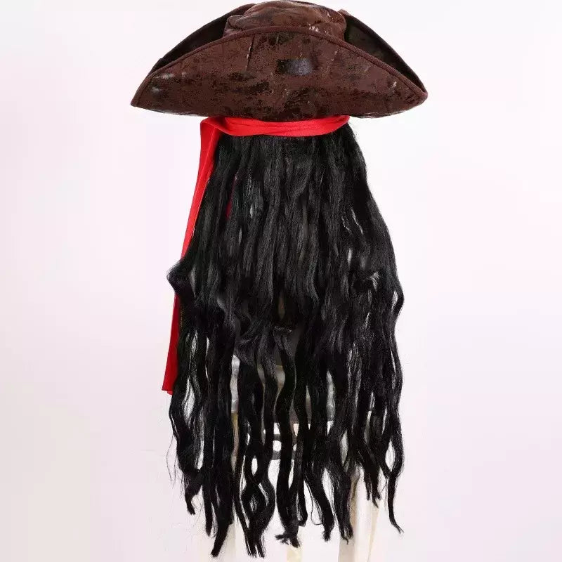 Adulto masculino caribe pirata chapéu peruca halloween palco desempenho pirata capitão traje peruca acessórios de festa jack sparrow peruca