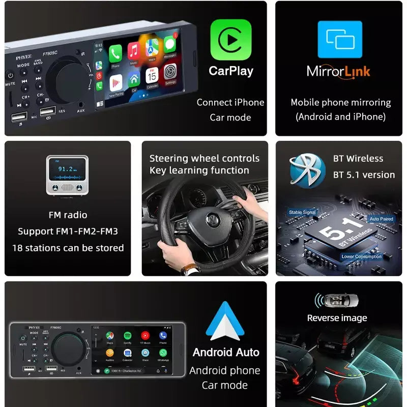 Rádio automotivo carplay de 1 din 4 ", bluetooth, android-auto, reprodutor de mp5, mãos livres a2dp, usb tf aux estéreo, unidade principal multimídia f7805c