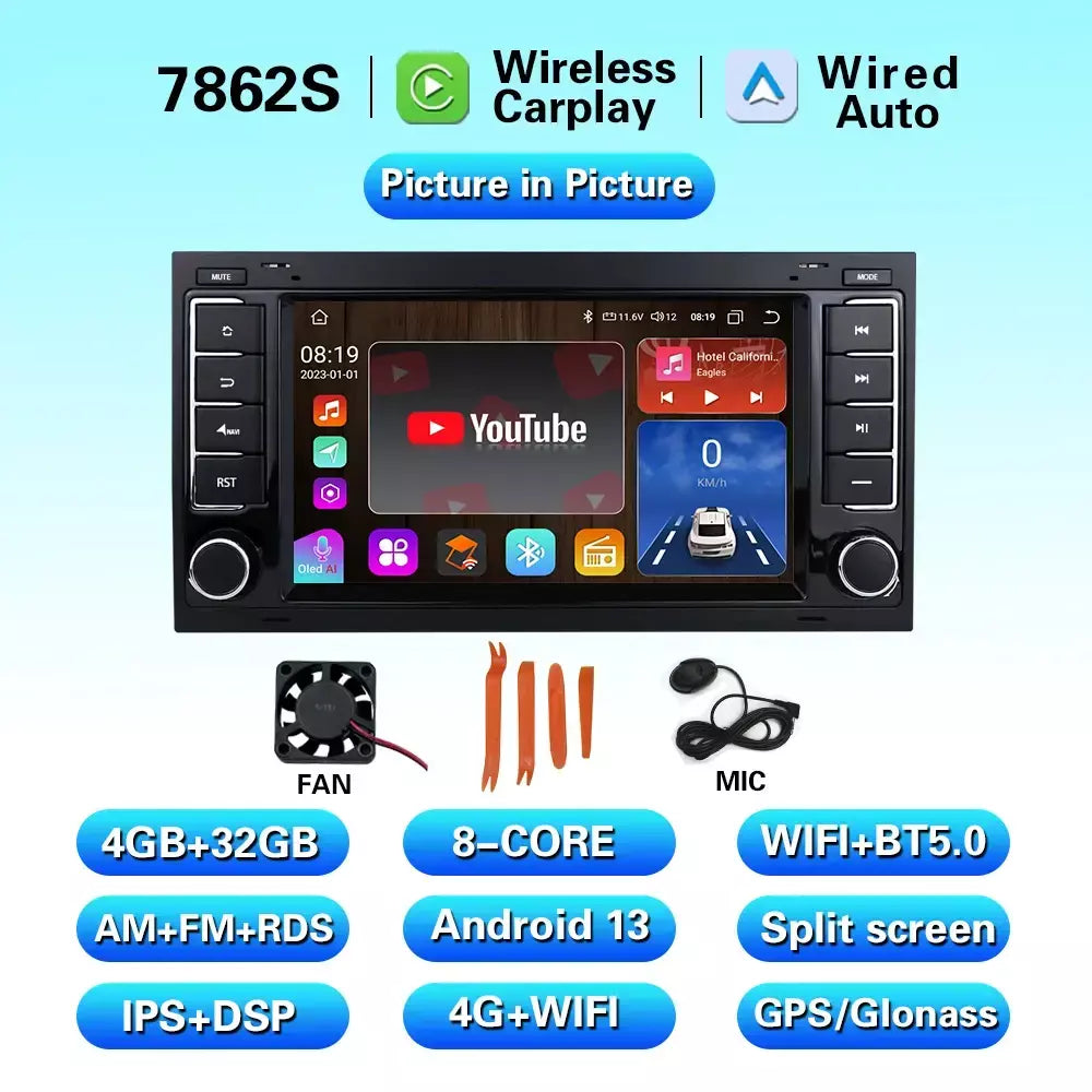 Leitor multimídia carro com Bluetooth, Android 13, 2 Din, Carplay para Touareg T5 Transporter, Volkswagen VW 2002-2010, Auto Bluetooth