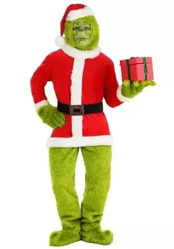 Venda quente da temporada halloween verde grinch cosplay traje papai noel com calças de pele conjunto jogar traje em massa monstro verde gri