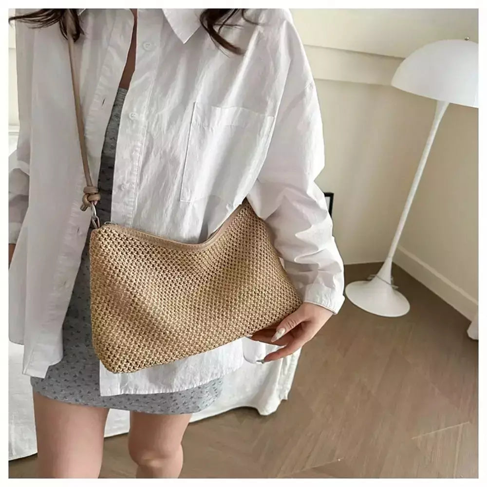 Saco de palha tecido Rattan para senhoras, sacola de grande capacidade, bolsa trançada artesanal, bolsa de ombro, moda