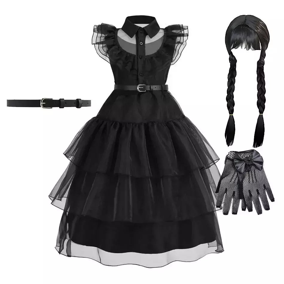 Crianças addams traje do bebê meninas família cosplay traje de halloween crianças família dança vestido preto quarta-feira pageant fantasia
