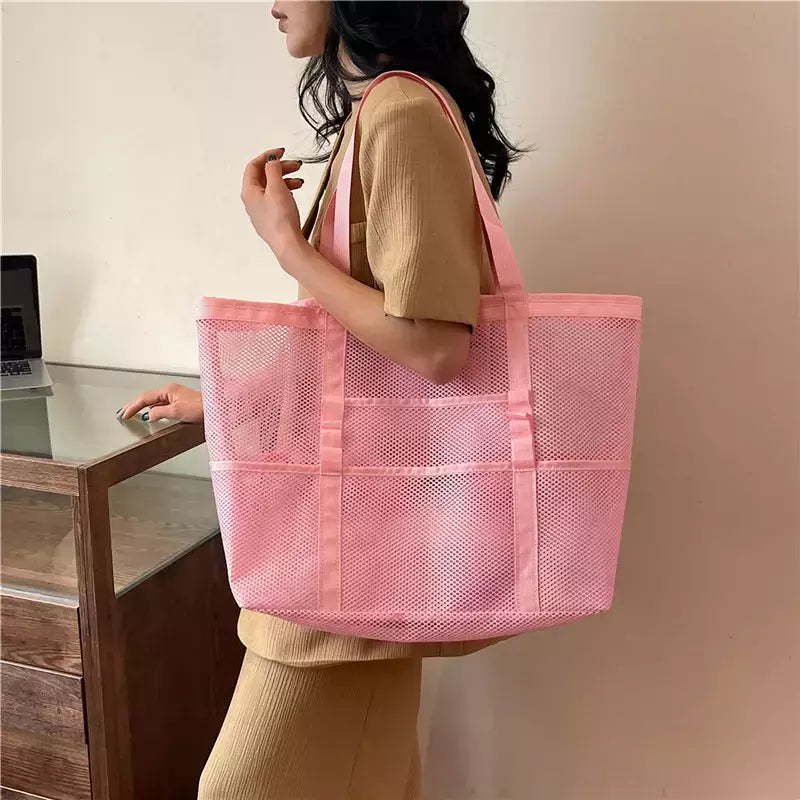 Bolsa de praia de malha portátil para mulheres, maquiagem, bolsa de lavagem, organizador de banho, Shopper Totes, verão