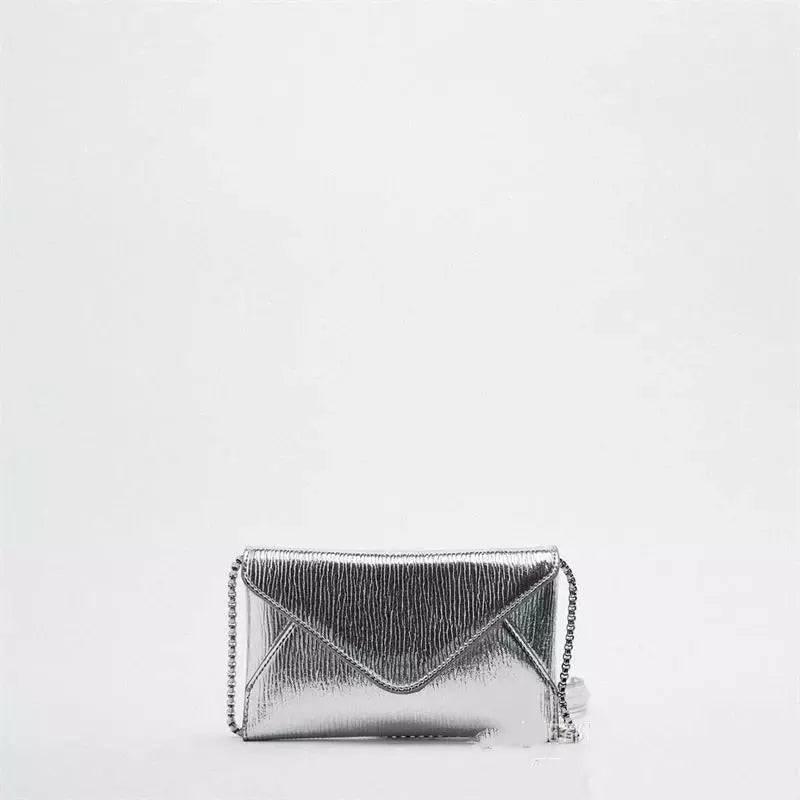 Bolsa de ombro única para mulheres, bolsa quadrada pequena, bolsa crossbody, bolsas prateadas, mini corrente, envelope, elegante