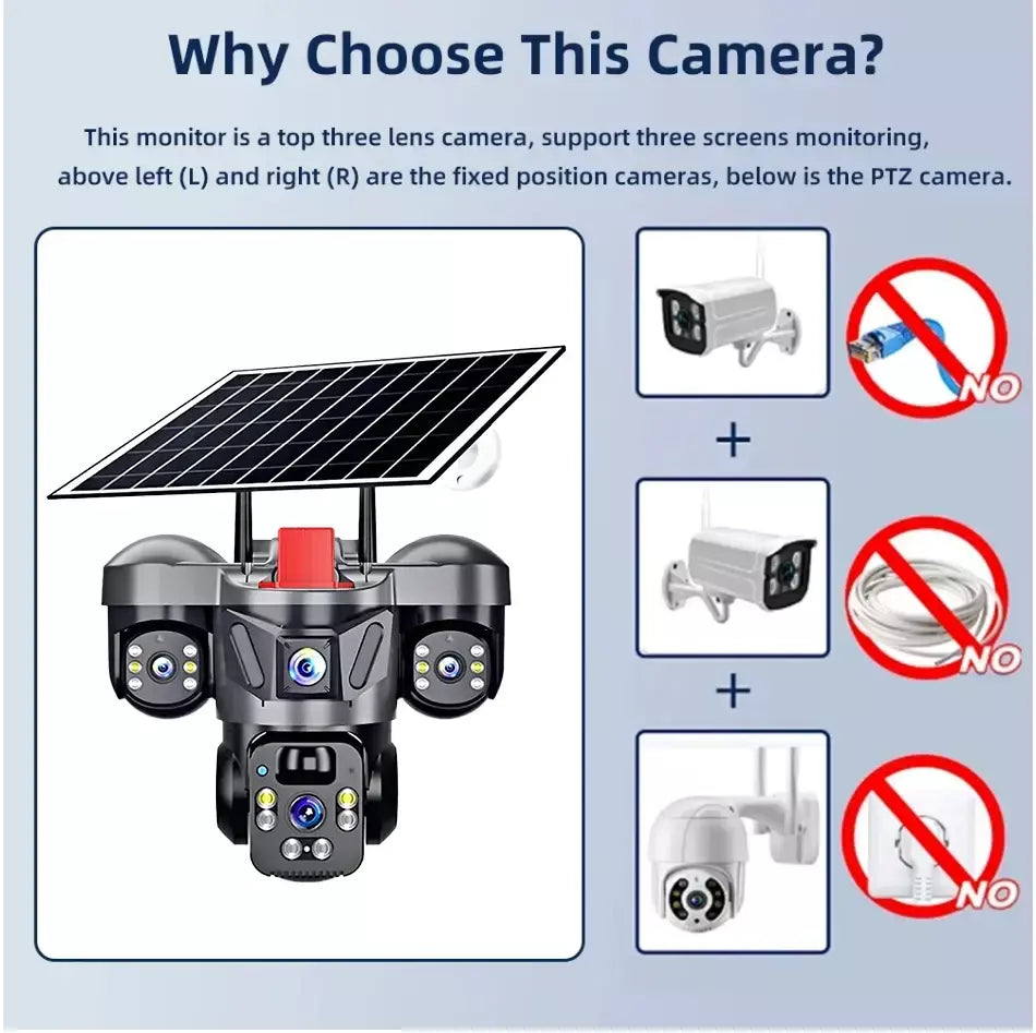 Kerui v380 pro ao ar livre ptz 6mp wifi 4g câmera solar de segurança em casa lente tripla câmera painel solar cctv vigilância vídeo