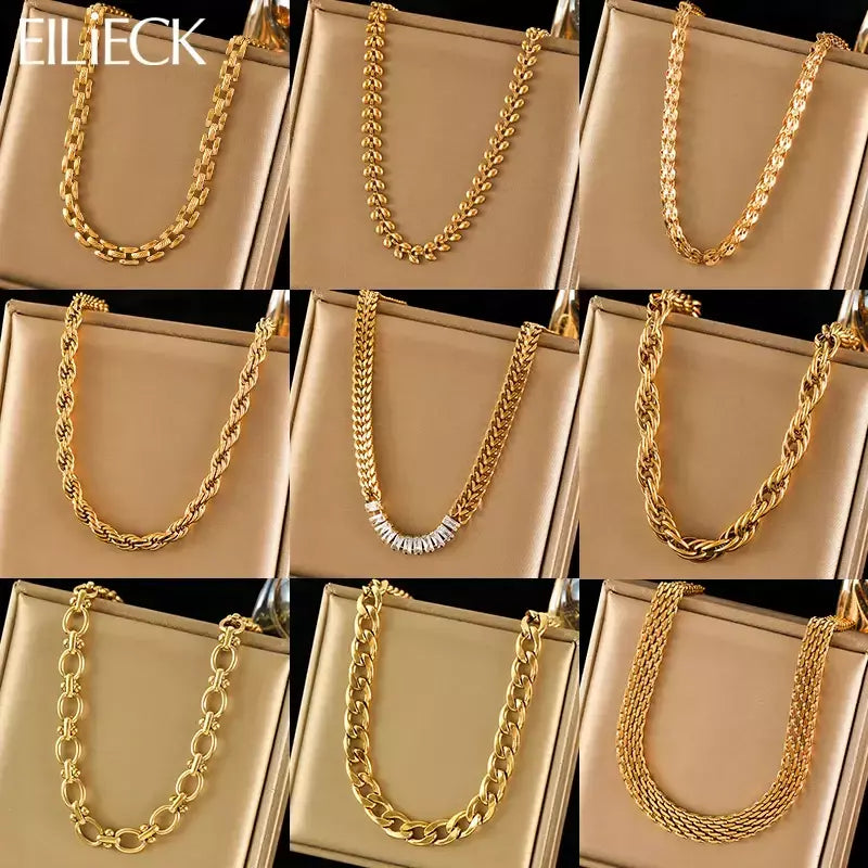 Eilieck 316l aço inoxidável metal charme corrente colar jóias de declaração 18k pvd banhado colar de pescoço corrente para mulher