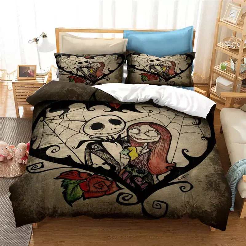 Nightmare Before Christmas Duvet Cover Set, Pillow Cover, Conjunto de cama, Jack e Sally, Crânio 3D, Roupa de cama, Decoração do quarto