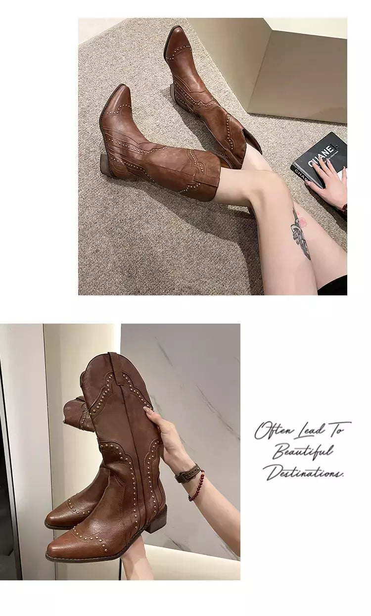Botas góticas cravejadas para mulheres, joelho alto, couro curto, salto baixo, vaqueiro ocidental, designer de luxo, sapatos de rock novos, vintage, ocidental, 2024