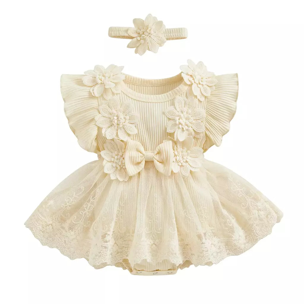 3d flor verão bebê meninas macacão princesa malha roupas recém-nascidos rendas retalhos plissado bodysuit vestido bandana crianças roupas