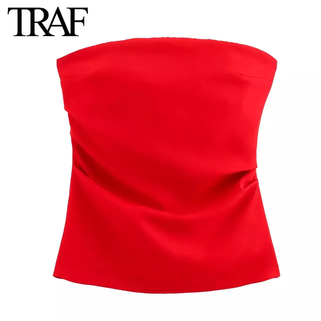 TRAF-Blusa sem mangas sem alças para mulheres, tops femininos, zíper traseiro, roupas de rua, tanque chique, moda verão, nova
