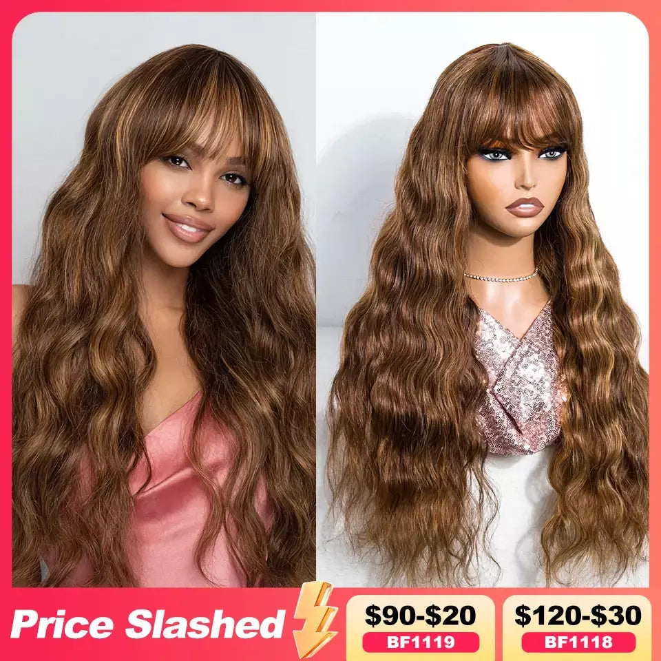 Destaque marrom onda do corpo franja peruca perucas de cabelo humano 180% densidade brasileiro virgem cabelo humano sem cola wear and go perucas onda do corpo