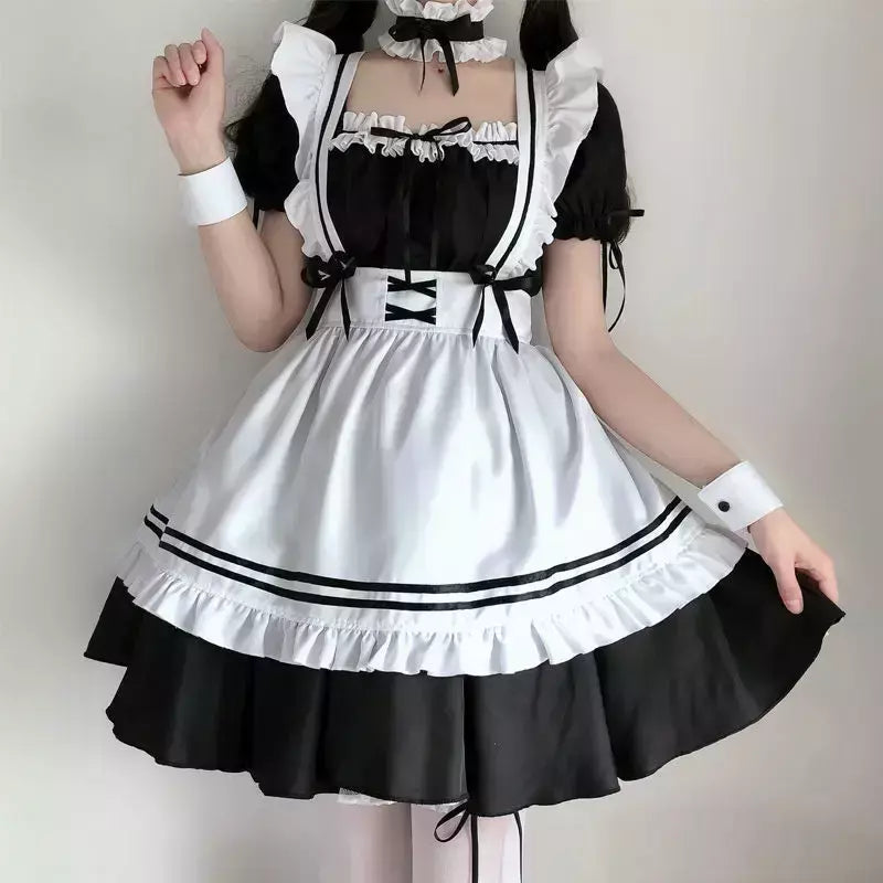 Preto branco lolita empregada traje cosplay trajes bonito vestido sexy avental francês uniforme café empregada festa saia roupas femininas